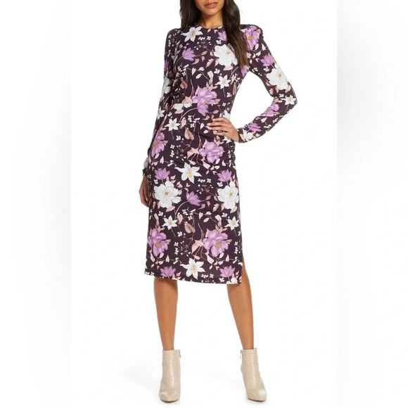 ELIZA J FLORAL LONG SLEEVE BODY-CON MIDI DRESS IN AUBERGINE size 2 - Picture 4 of 9